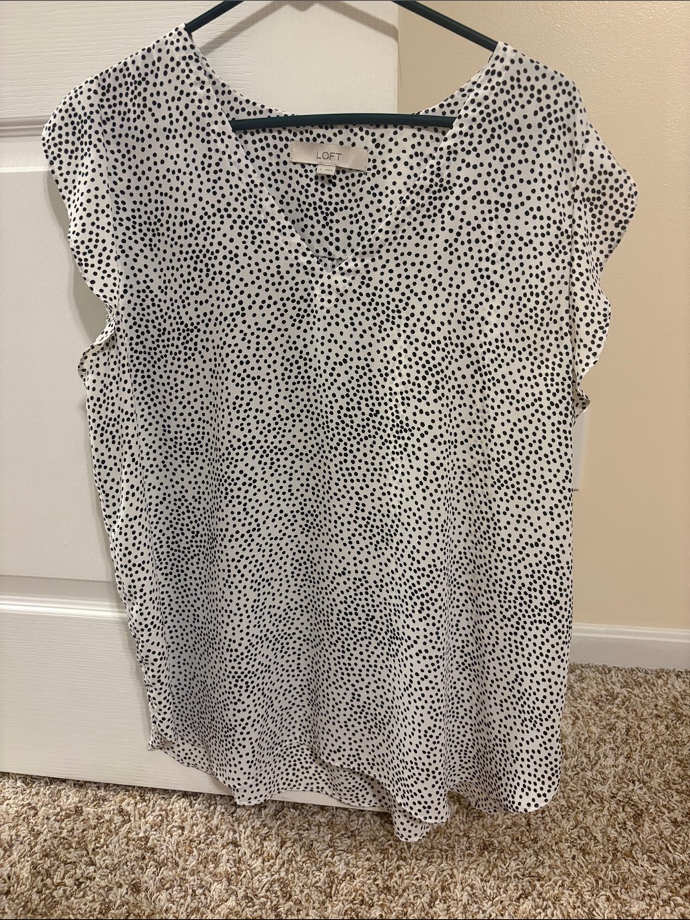 LOFT White and Black Polka Dot Cap Sleeve V-Neck Blouse